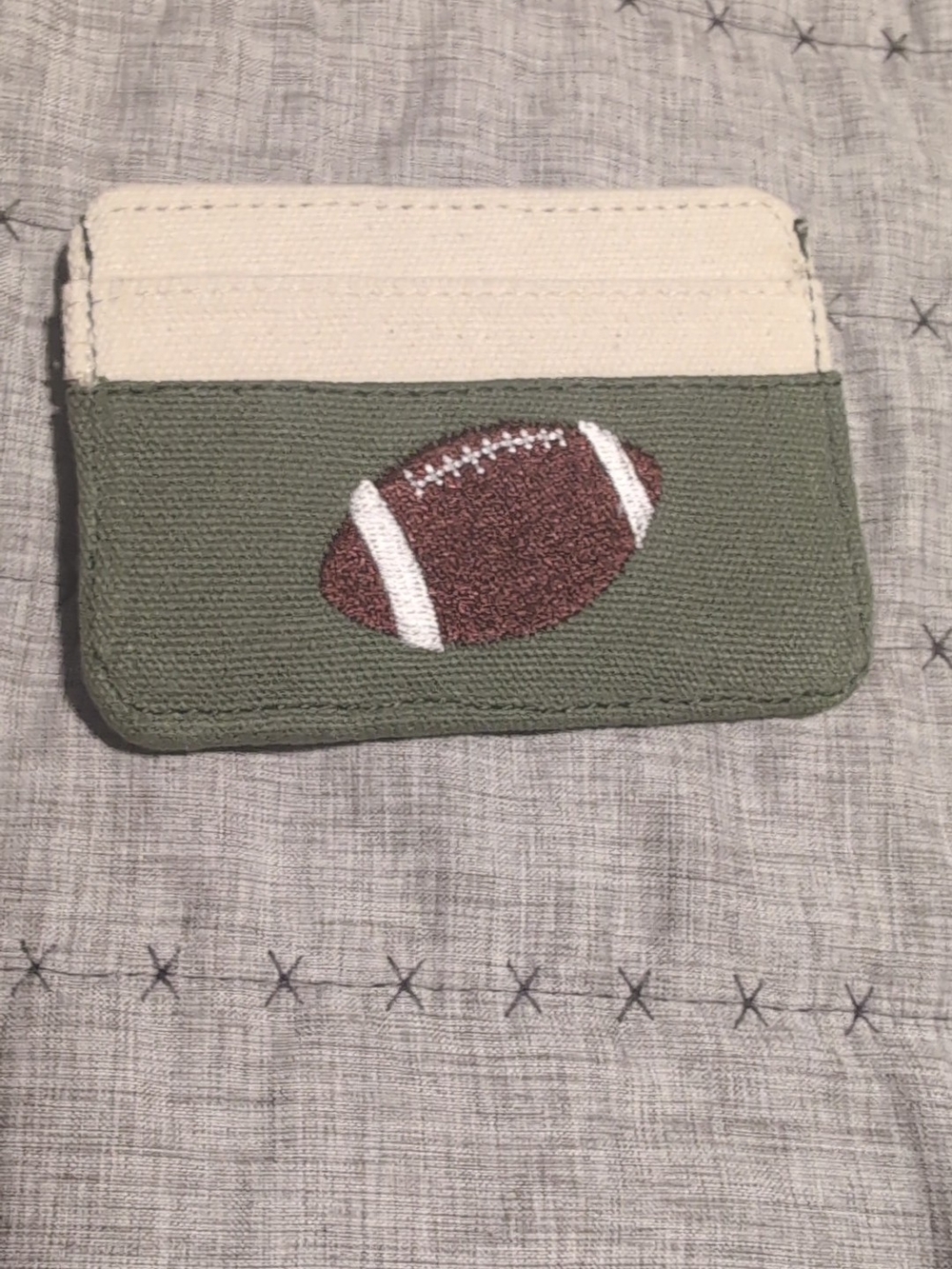 Source Unknown Green and Cream Canvas Card Holder with Football Embroidery